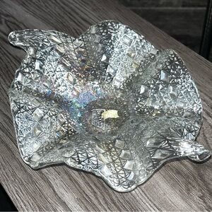 Murano Italy Art Glass Ruffle Bowl Iridescent Crystal Centerpiece 9” Vintage